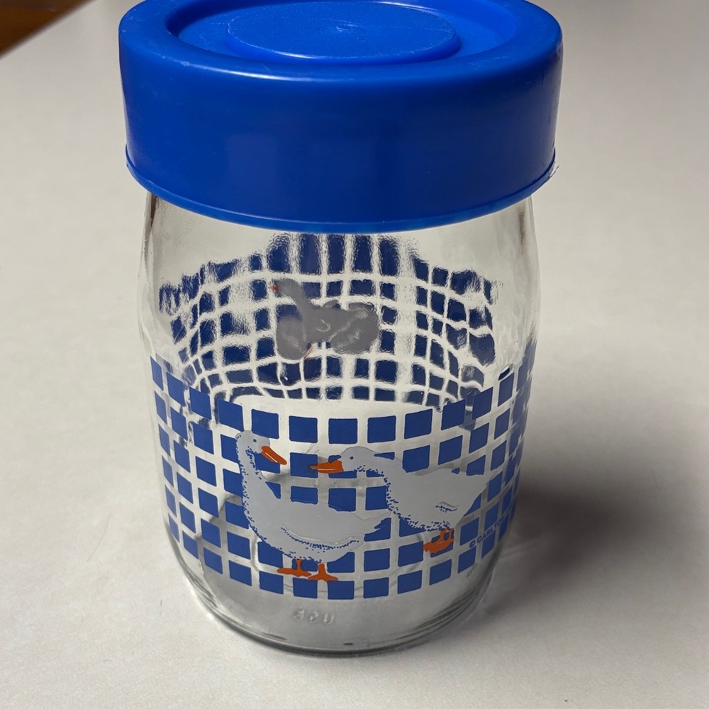 Vintage Carlton Glass Blue-Lidded Glass Jar with Duck Design